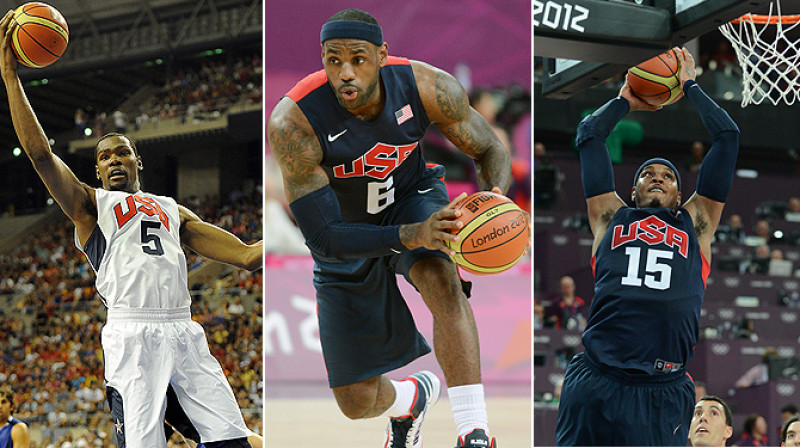 2010. gada Pasaules čempionāta MVP Durents, divkārtējie Olimpiskie čempioni Džeimss un Entonijs
Foto: USA Basketball