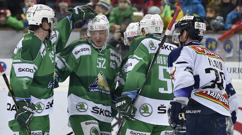 "Salavat Julajev" hokejisti svin vārtu guvumu
Foto: AP/Scanpix