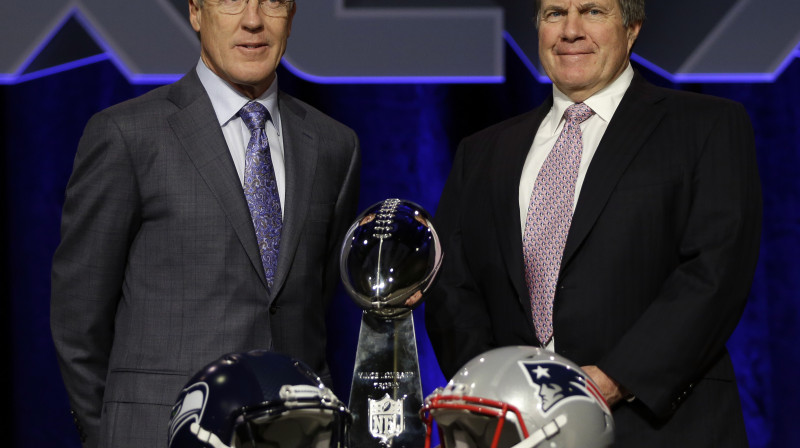 Komandu galvenie treneri Pīts Kerols (Seahawks) un Bils Beličeks (Patriots)
Foto: AP/AFP/Scanpix