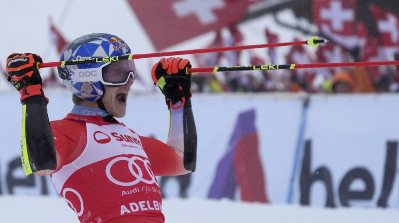 Milzu slaloma "karalis" Marko Odermats līksmo Adelbodenē trešo gadu pēc kārtas. Foto; AFP.