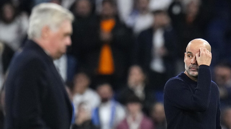 Karlo Ančeloti un Peps Gvardiola. Foto: Manu Fernandez/AP/Scanpix