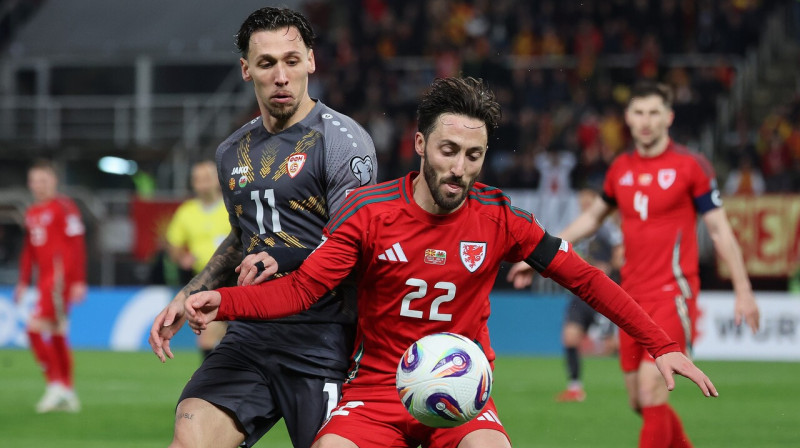 Mirklis no Ziemeļmaķedonijas un Velsas izlašu spēles Skopjē. Foto: Georgi Licovski/EPA/Scanpix