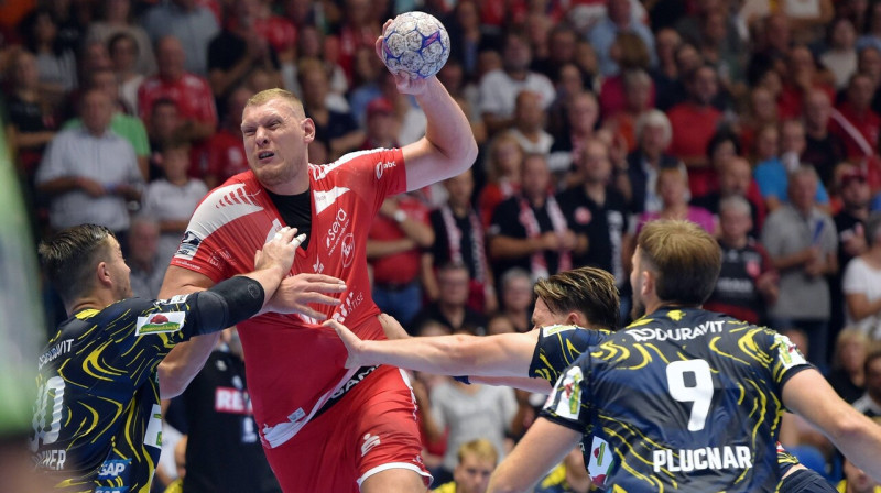 Dainis Krištopāns cīņā pret Manheimas "Reinas lauvām". Foto: Roland Sippel/Eibner-Pressefoto/Scanpix