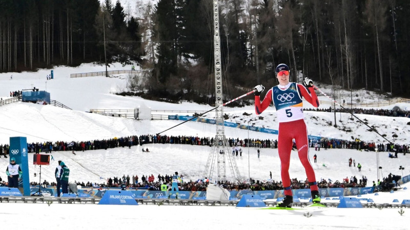 Abu olimpisko ziemeļu divcīņas sacensību uzvarētājs norvēģis Jenss Luross Oftebro. Foto: Tobias Schwarz/AFP/Scanpix