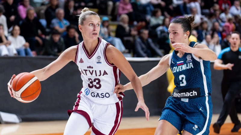 Kitija Laksa un Teja Oblaka 2025. gada 12. novembrī. Foto: FIBA