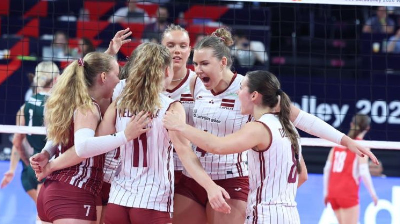 Megija Grundmane (#7) un Paula Ņečiporuka (#11). Foto: CEV