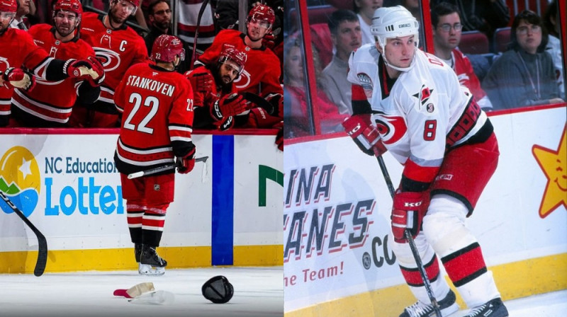Logans Stankovens un Sandis Ozoliņš. Foto: Carolina Hurricanes