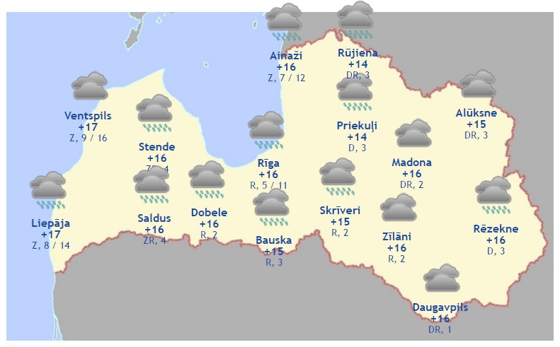 Laika prognoze šodienai – 16. augustam