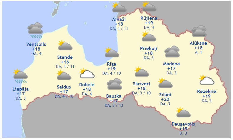 Laika prognoze šodienai – 18. augustam